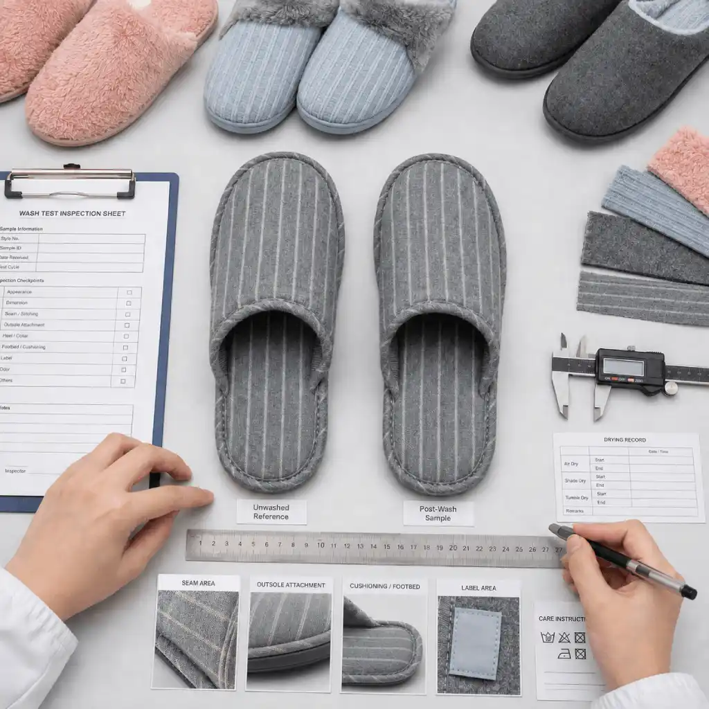 Wash test inspection for machine-washable slippers checking dimensions, seams, outsole attachment, cushioning, and labels