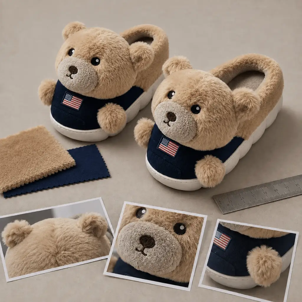 3D character slippers with close-up views of the plush ears, muzzle and forepaws