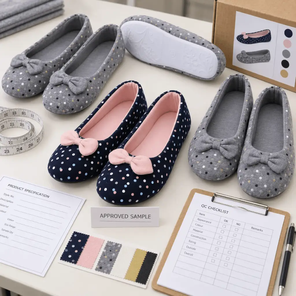Ballerina slipper bulk quality control setup with approved sample, slipper pairs, specifications, and QC checklist