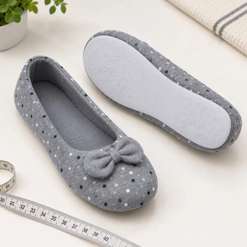 Grey ballerina slippers with one shoe turned over to show the outsole tread and attachment edge