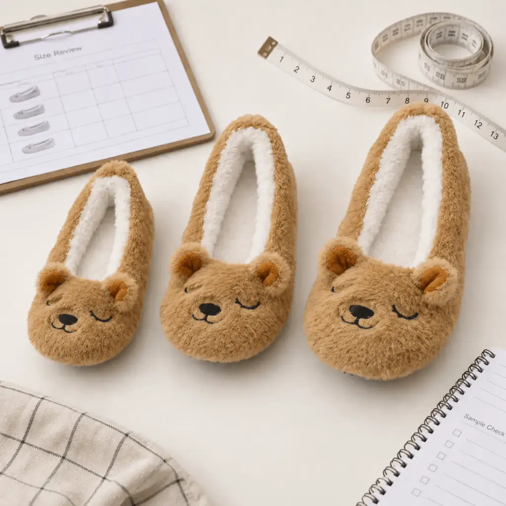 Three sizes of brown bear-design ballerina slippers arranged for a size grading review