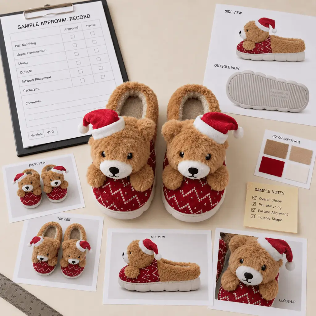 Character slipper sample approval record with front, top, side and outsole views