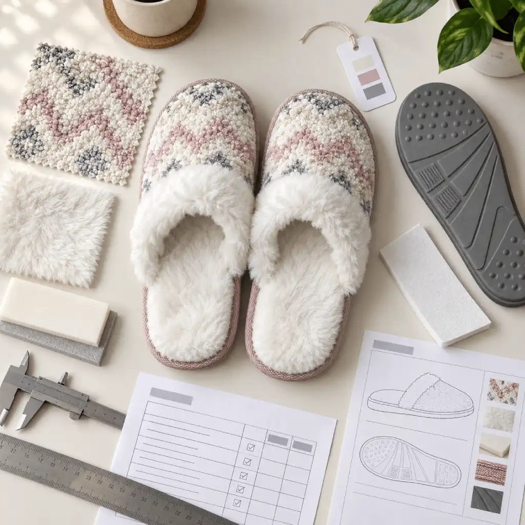 Footwear testing plan for a custom slipper order with product sample, materials, checklist and test request