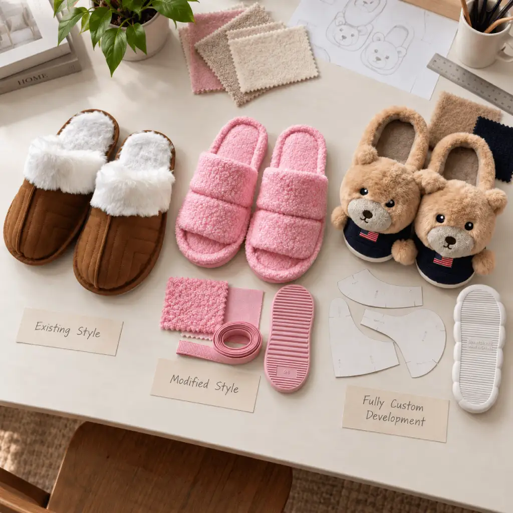 Existing slipper style, modified pink slippers, and custom teddy bear slippers displayed with fabrics and ribbed outsole samples