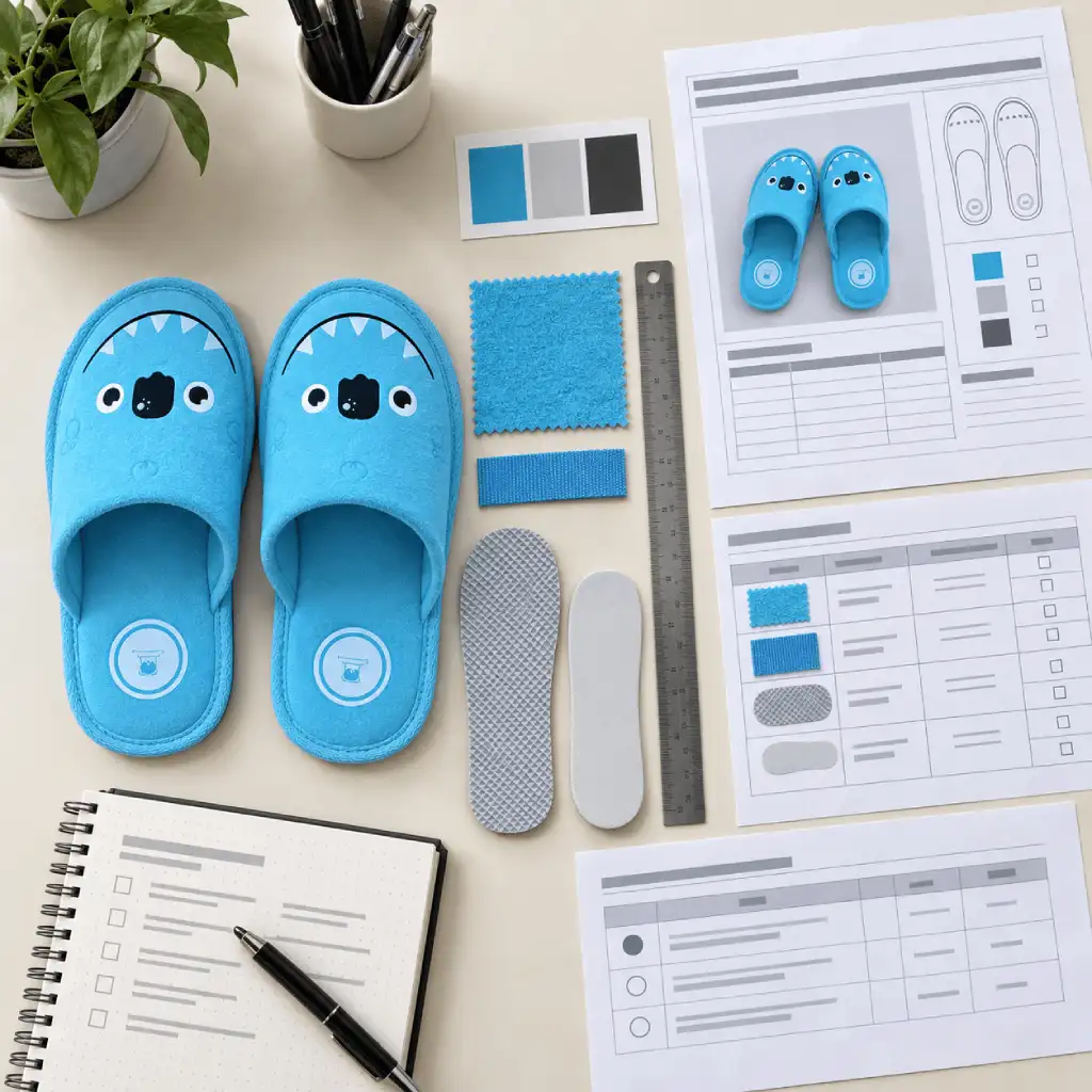 Footwear test report checked against blue character slippers, material samples, outsole layers and order records