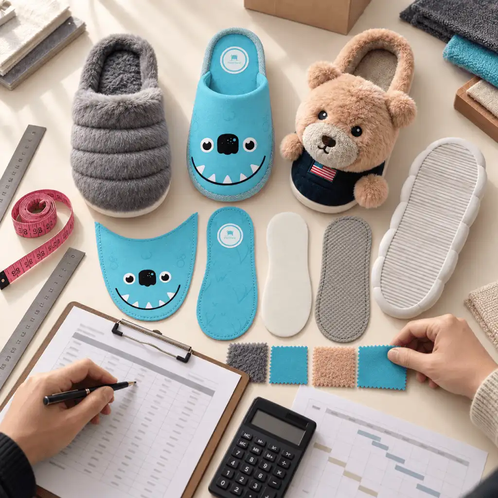 Hands reviewing slipper samples, upper panels, insoles, foam and outsoles beside quotation and production planning sheets