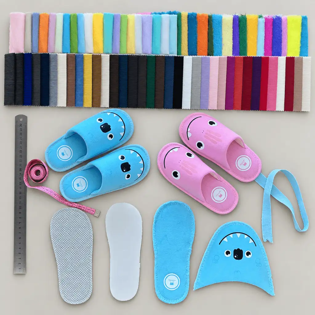 Slipper testing reference with material swatches, sole layers, upper component and finished character slippers