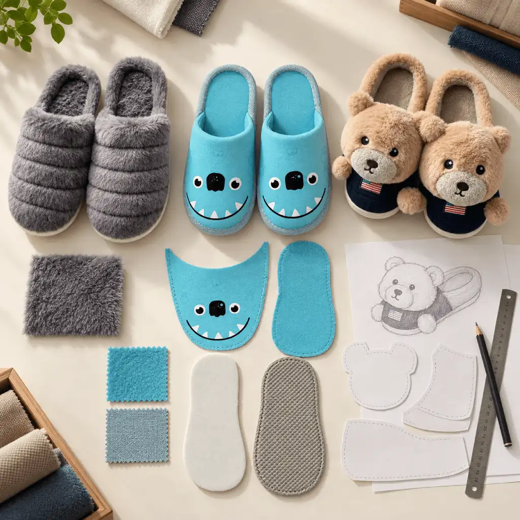 Gray plush, turquoise printed, and teddy bear slippers with fabric swatches, sole components, and paper patterns