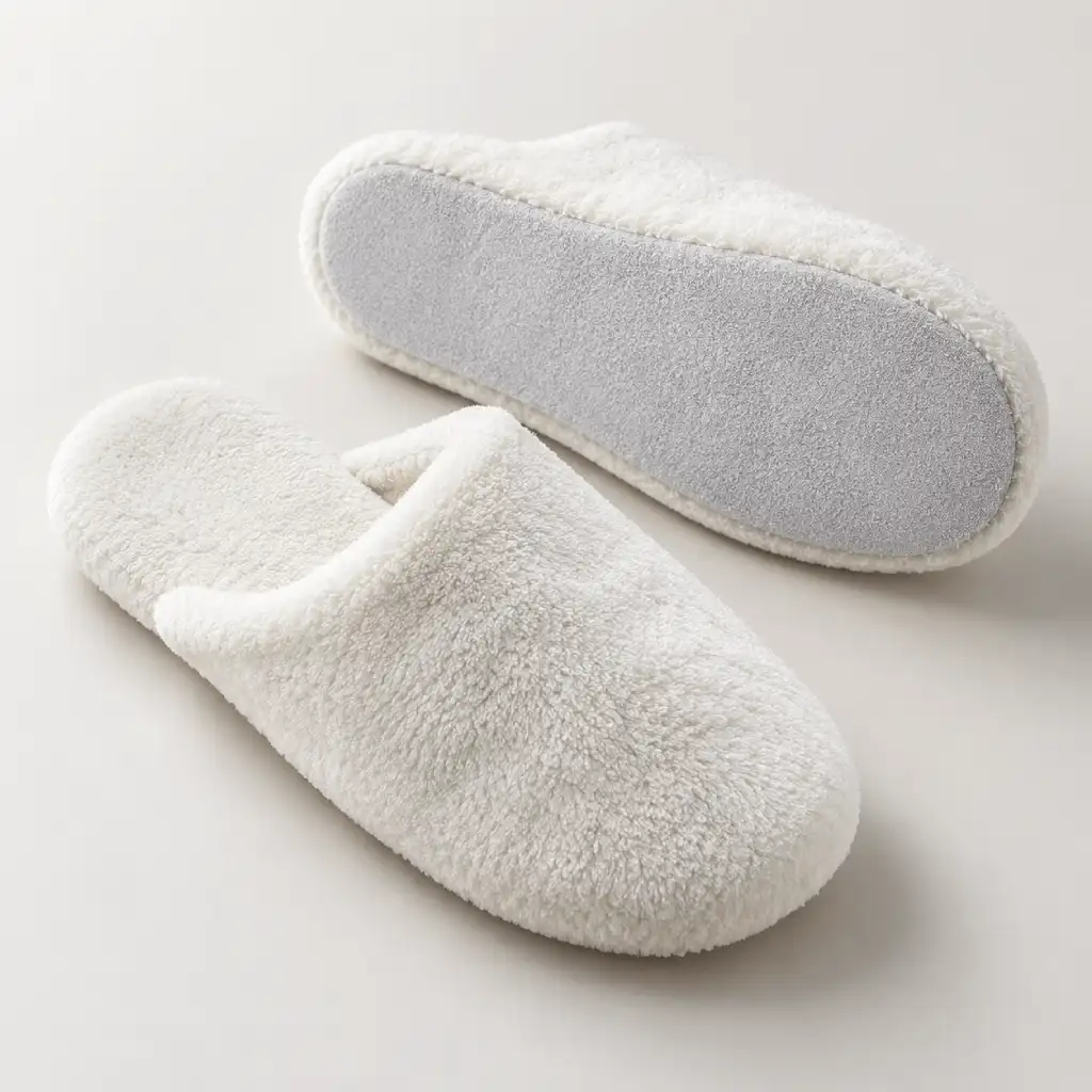 Women’s coral fleece slippers in white showing the upper and faux suede outsole construction, style UT-WS1082