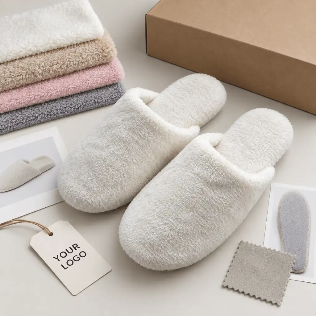 Women’s coral fleece slippers with color swatches, custom branding, outsole material and packaging options for private label development