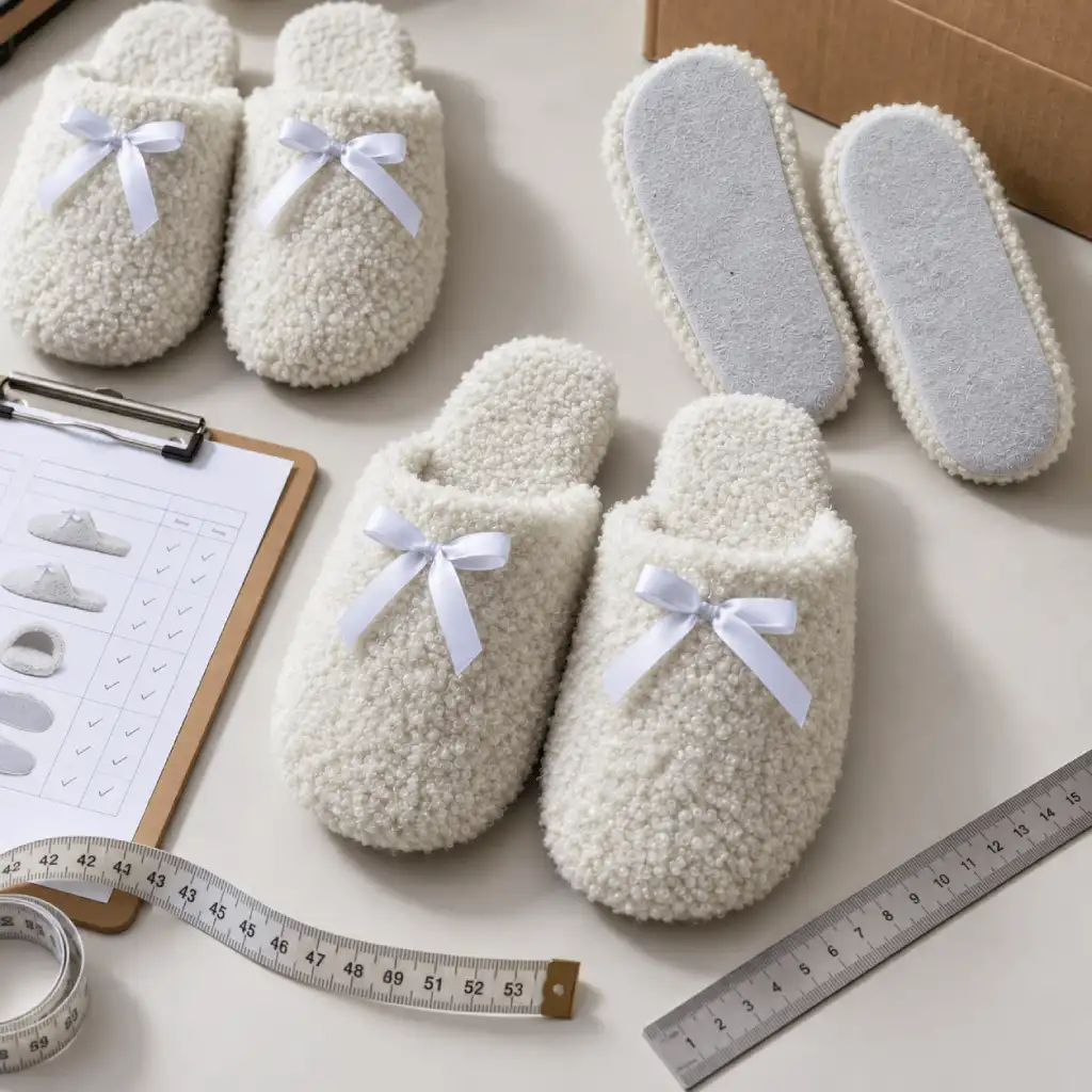 Women’s teddy fleece slippers checked for pair consistency, bow alignment and outsole matching, style UT-WS1083