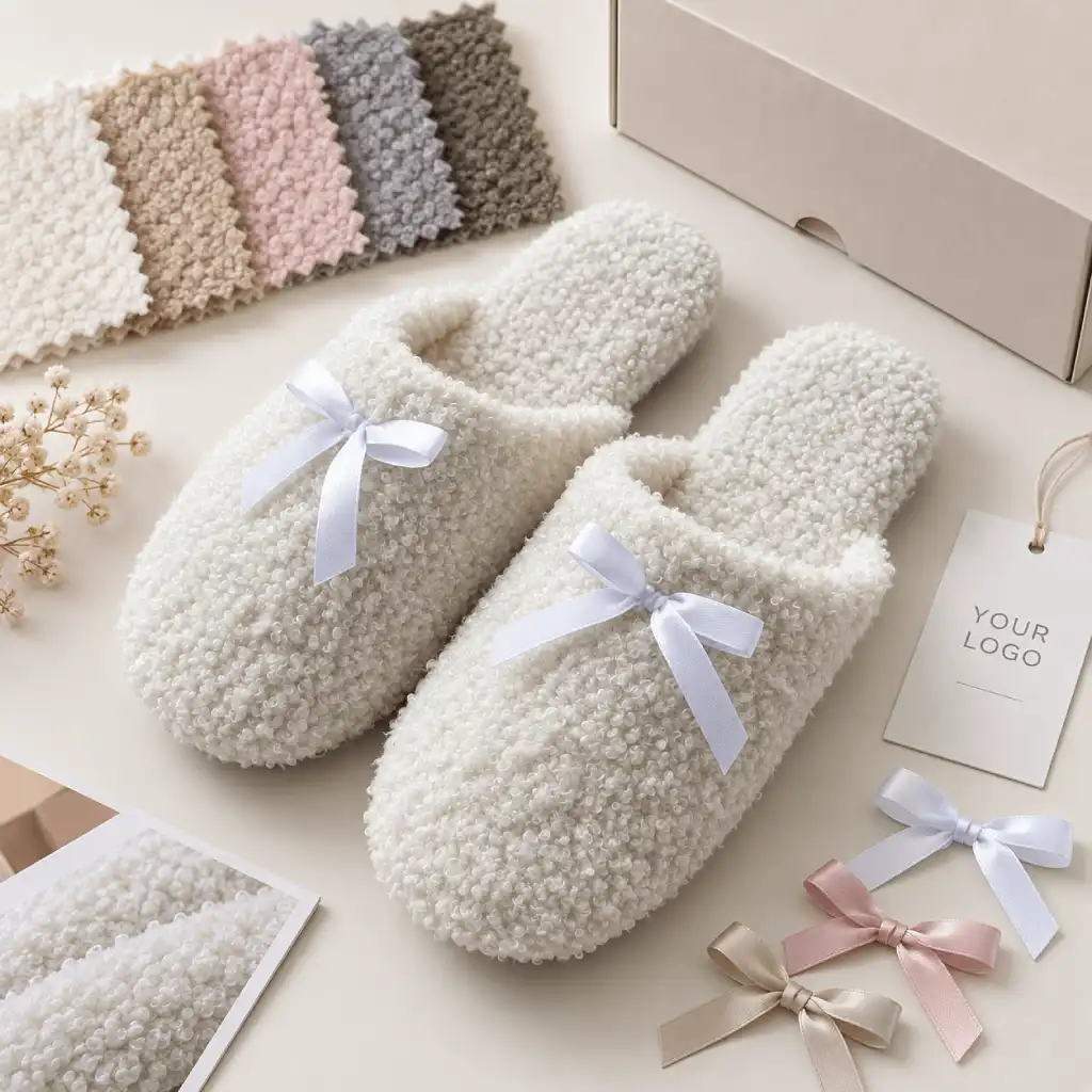 Women’s teddy fleece slippers with color swatches, bow options and custom branding for private label development