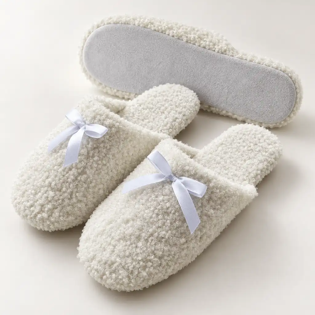 Women’s teddy fleece slippers showing fleece upper, satin bow detail and faux suede outsole, style UT-WS1083