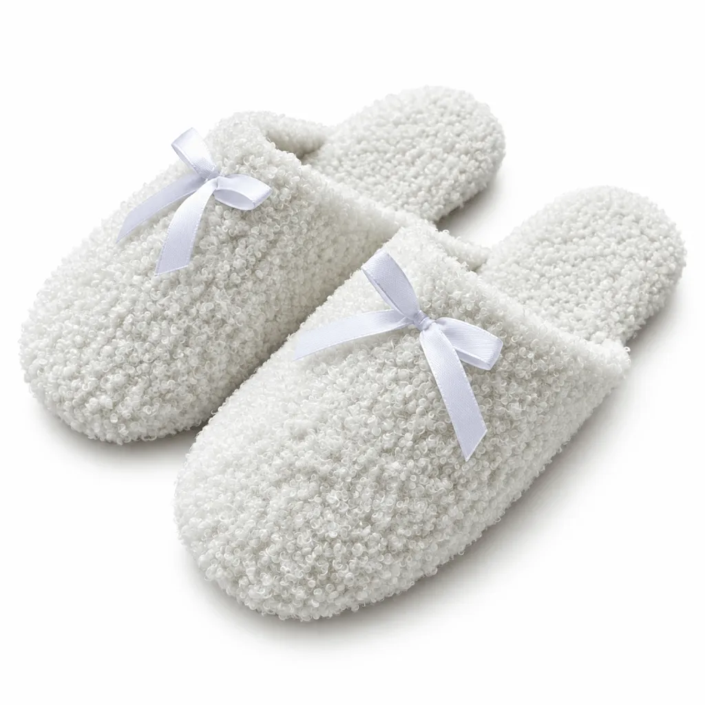 Women’s teddy fleece slippers in white with satin bows, style UT-WS1083