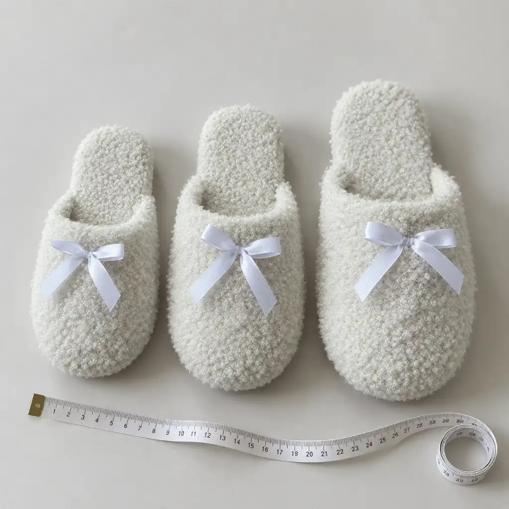 Women’s teddy fleece slippers size guide showing three sizes with a measuring tape, style UT-WS1083