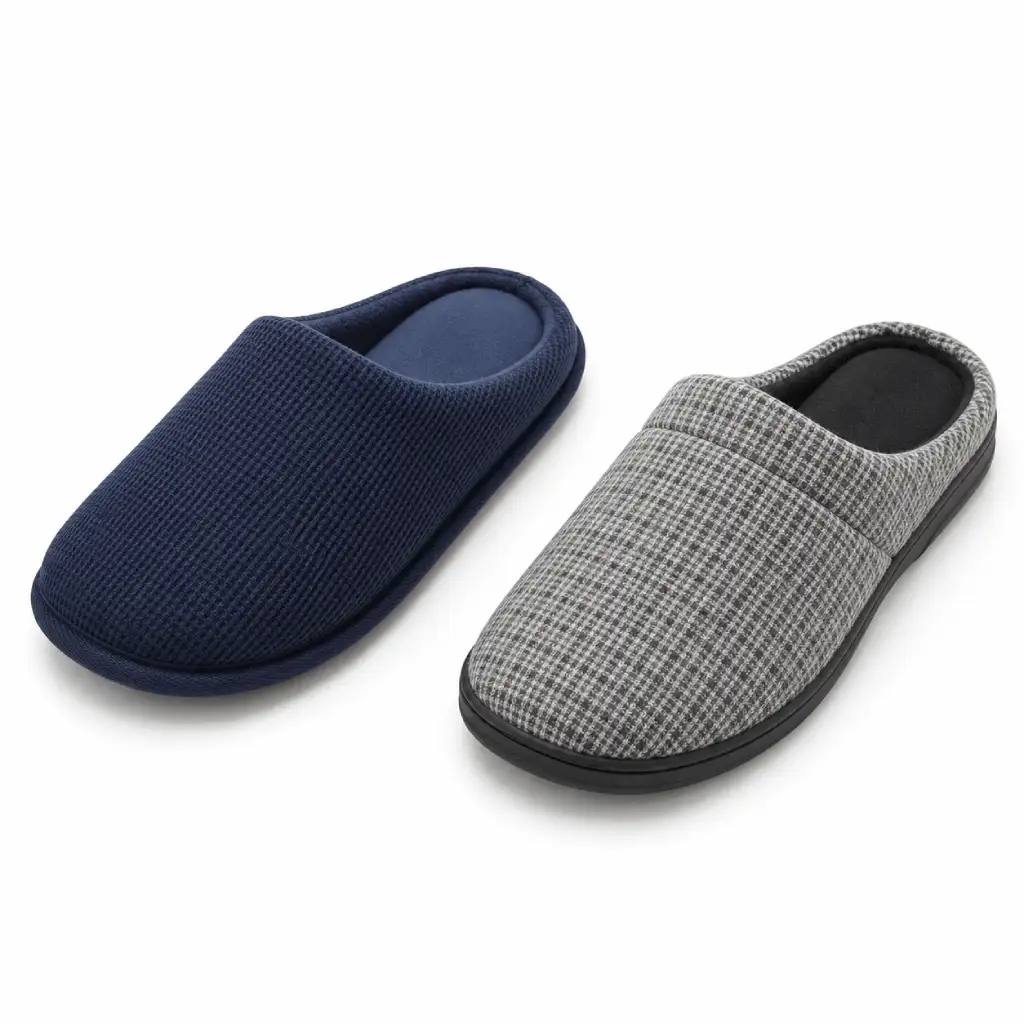 Navy waffle-knit and grey jersey men's open-back slippers shown side by side