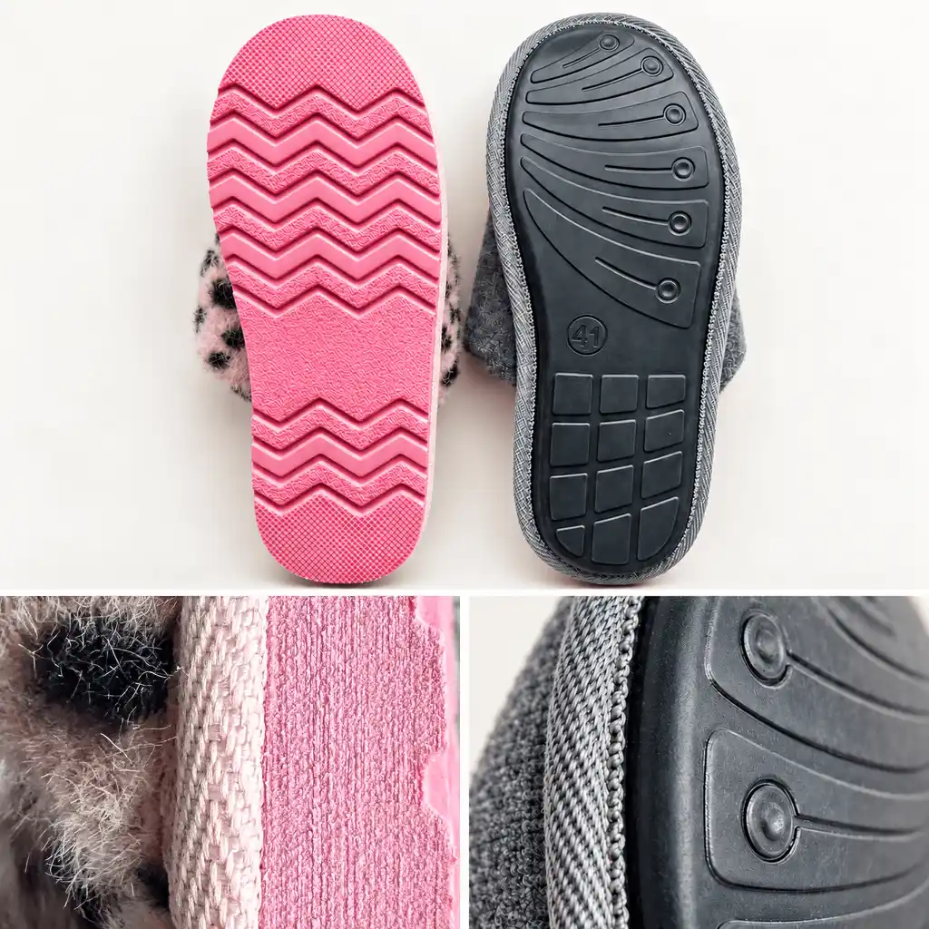 Pink cut EVA and black molded TPR slipper outsoles with close-ups of the cold-glued EVA edge and stitched TPR edge